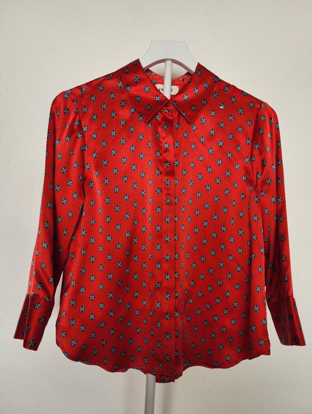 L'AGENCE Jil Women's 100% Silk Charmeuse Blouse Royal Red Print 3/4 Sleeve S - Picture 2 of 9